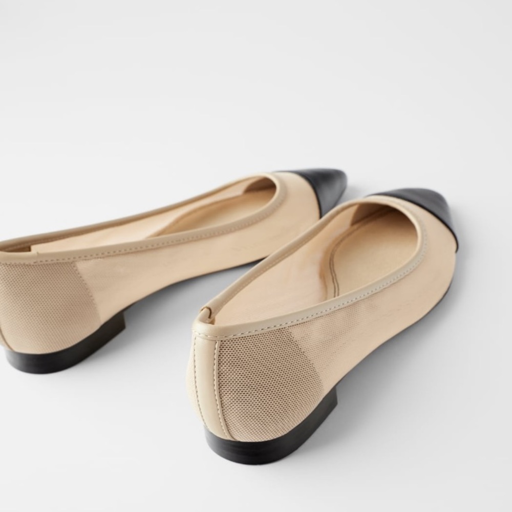 NWT Zara Cream Black Capped Toe Mesh Leather Mules - Picture 4 of 9